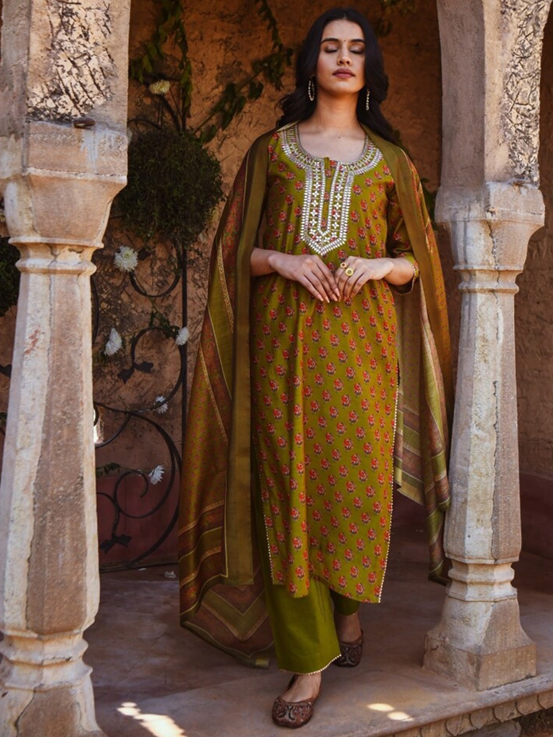 

KARAJ JAIPUR Floral Printed Gotta Patti Kurta with Trousers & Dupatta, Olive