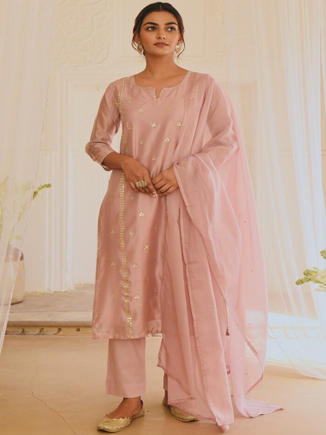 

KARAJ JAIPUR Ethnic Motifs Embroidered Gotta Patti Kurta With Trousers & Dupatta, Pink