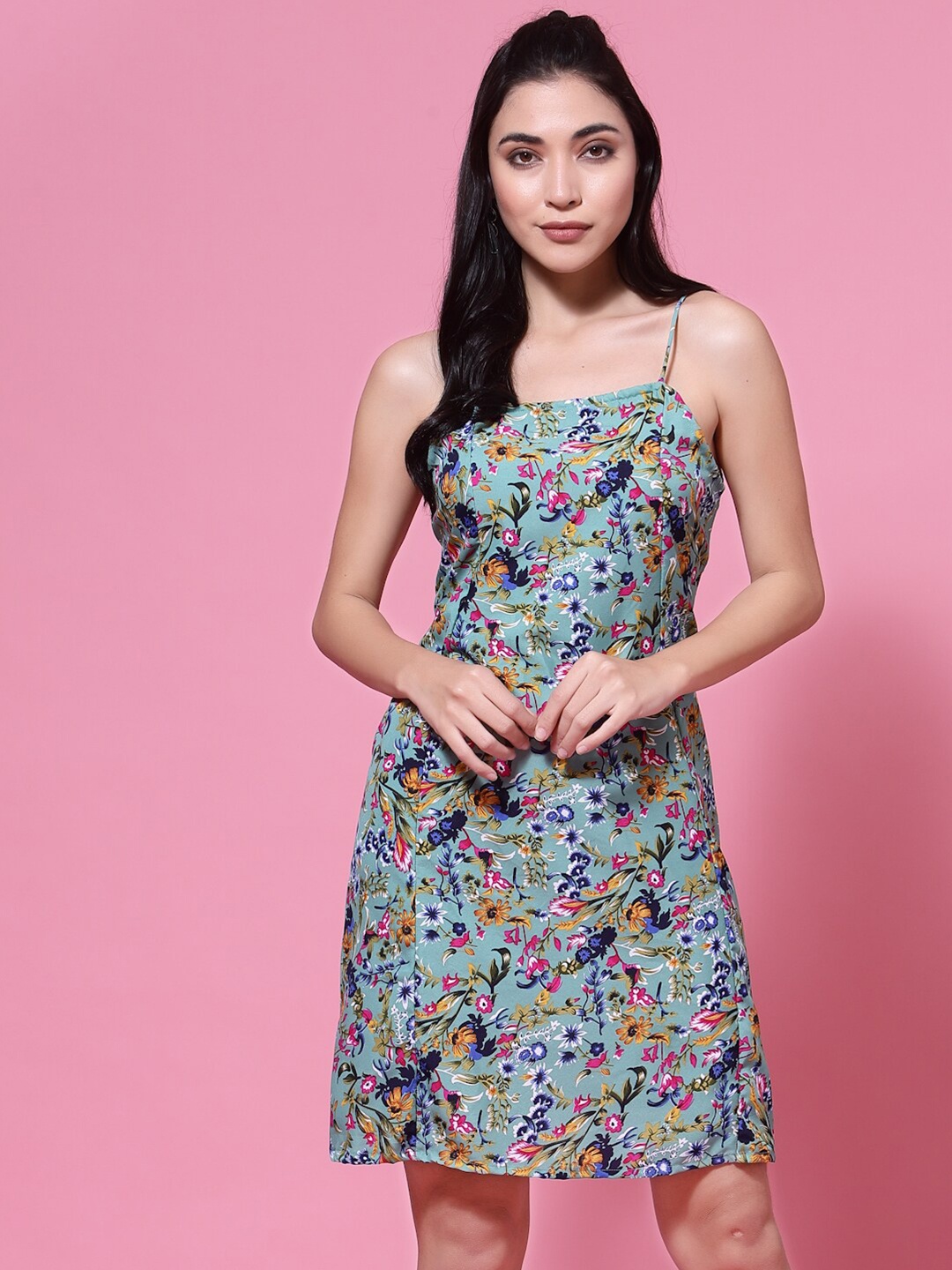 

Oomph! Floral Printed Shoulder Strap A-Line Dress, Green