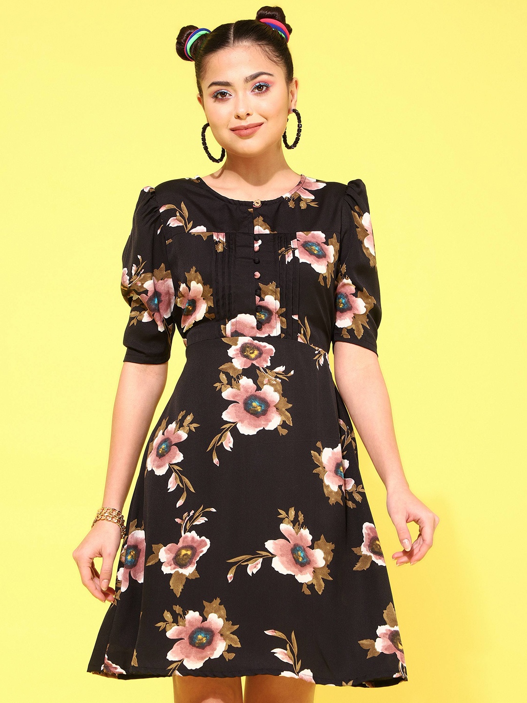 

Oomph! Floral Print Puff Sleeve Crepe Mini Dress, Black