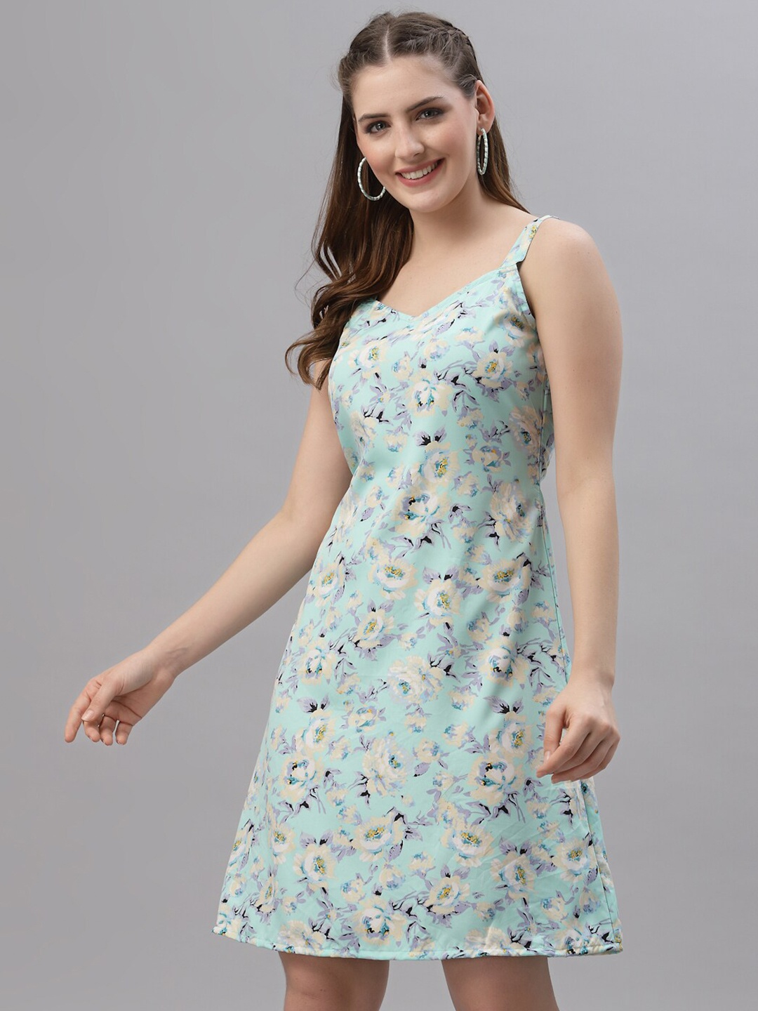 

Oomph! Floral Printed Shoulder Straps Crepe A-Line Dress, Green