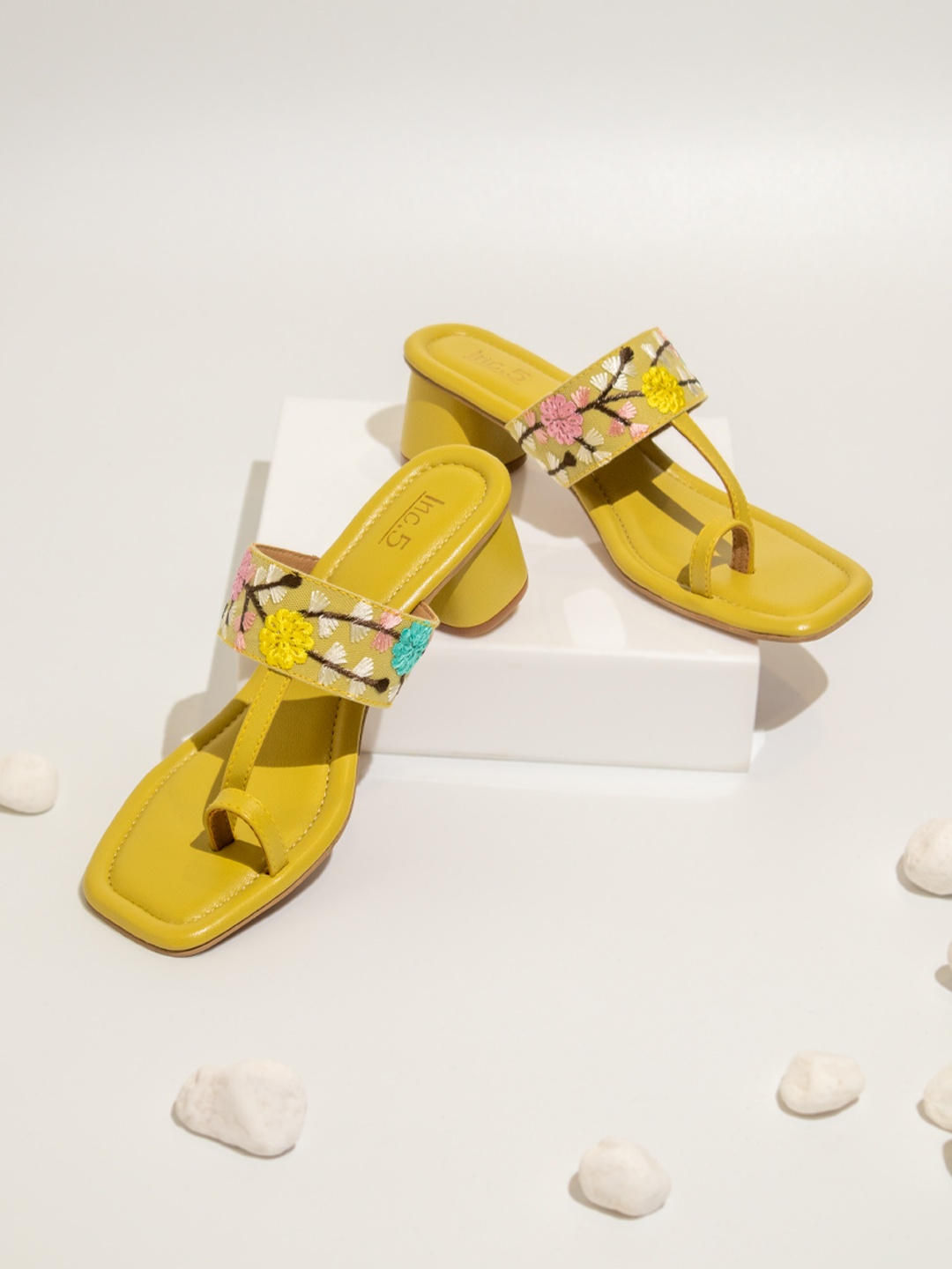 

Inc 5 Floral Embroidered Open Toe Ethnic Block Heels, Yellow