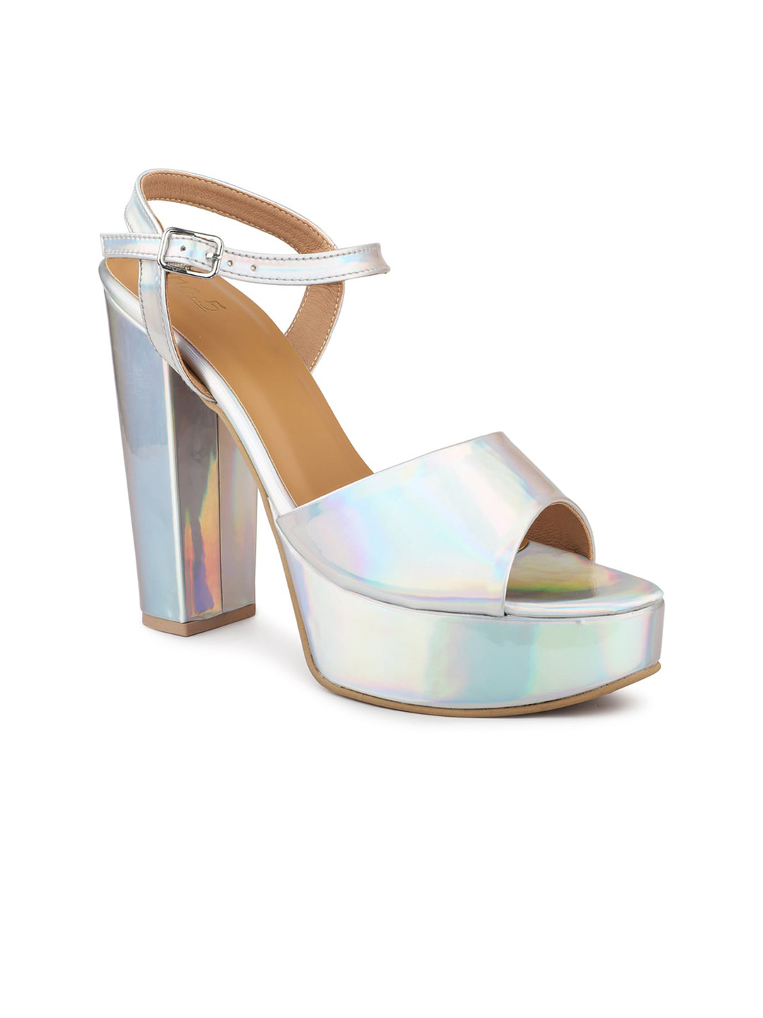 

Inc 5 Peep Toe Synthetic Platform Heels With Buckle, Silver