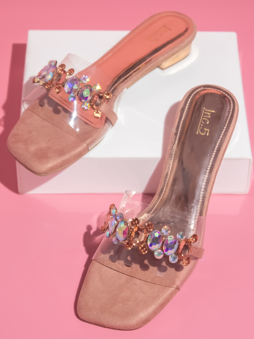 

Inc 5 Open Toe Embellished Slip On Block Heels, Peach