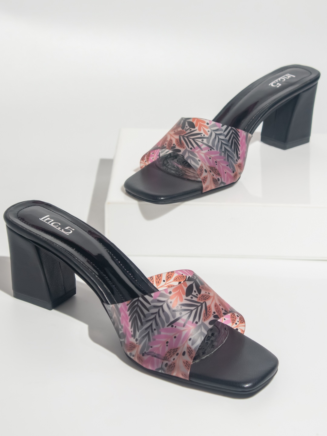 

Inc 5 Floral Printed Block Heels With Open Toe, Transparent