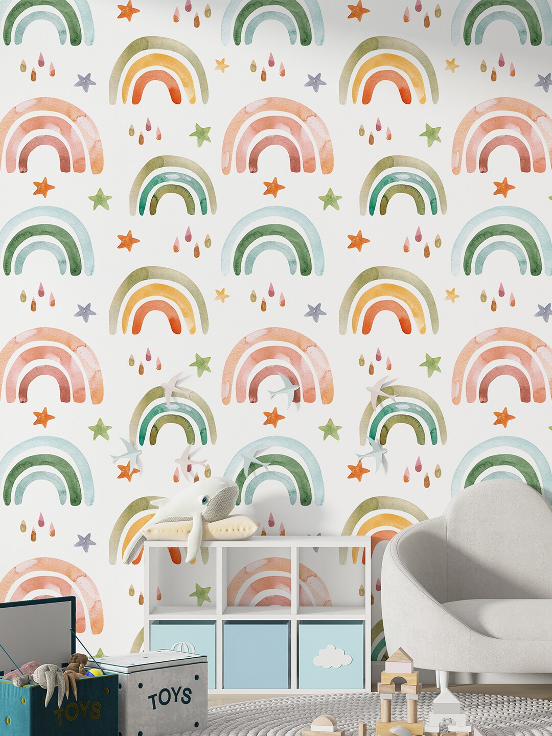 

PAPER PLANE DESIGN White & Green Rainbow Printed Waterproof Wallpaper