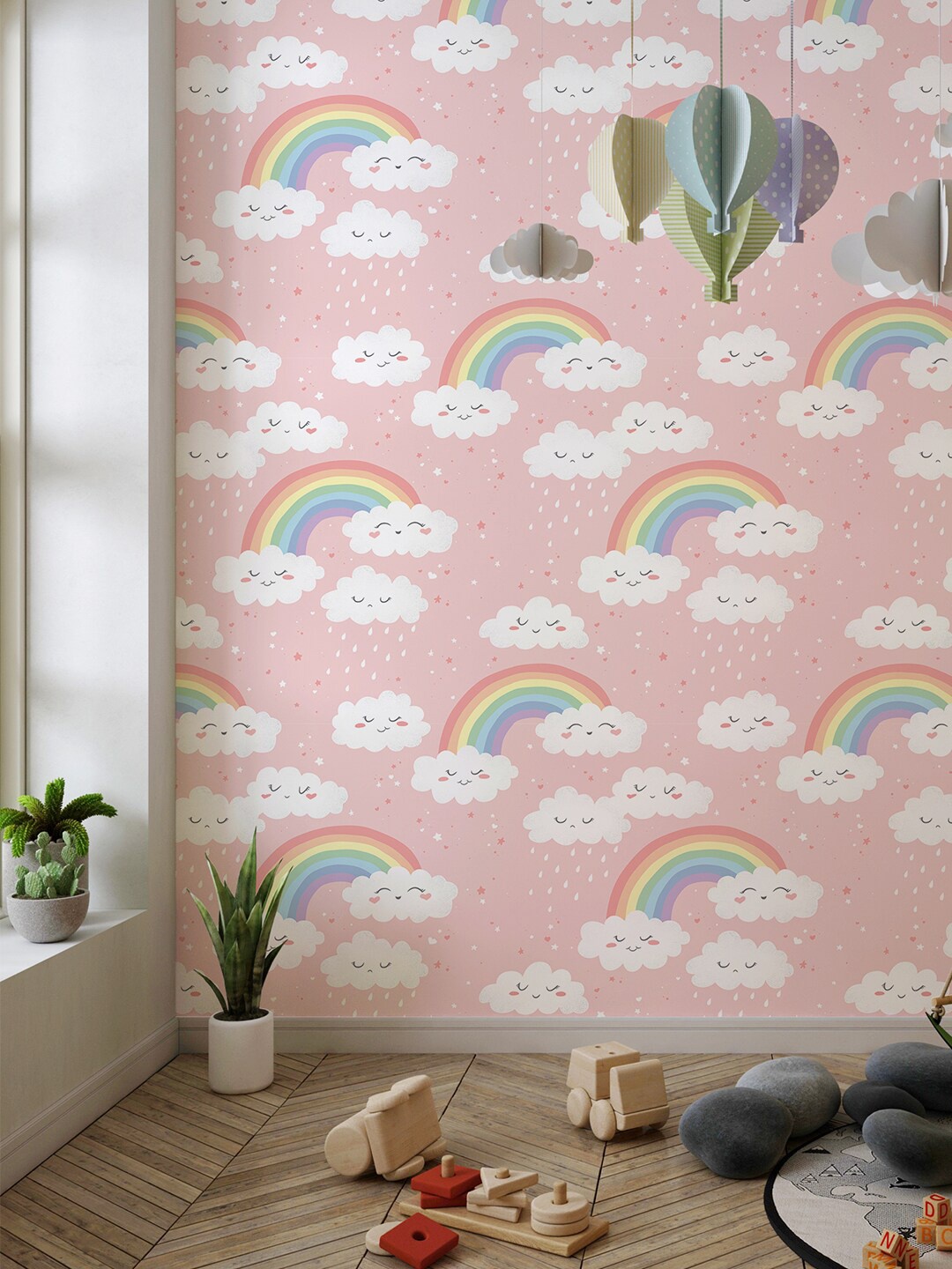 

PAPER PLANE DESIGN Pink & White Rainbow Printed Wallpaper