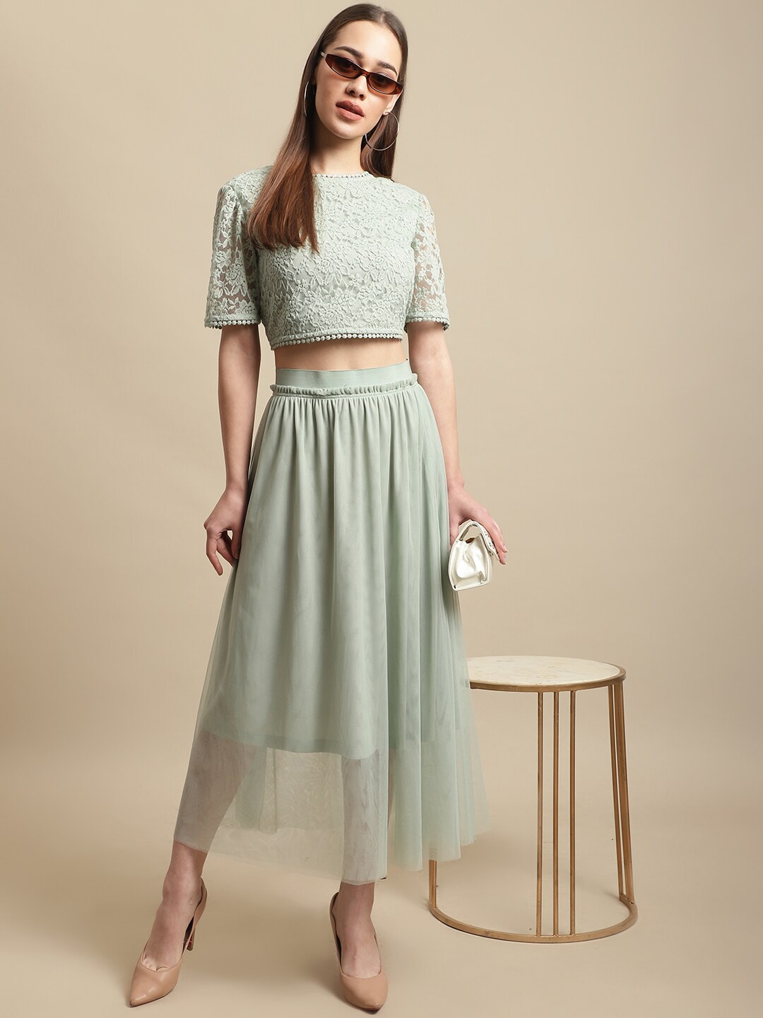 

BLANC9 Lace Crop Top With Flared Skirt Co-Ord Set, Green