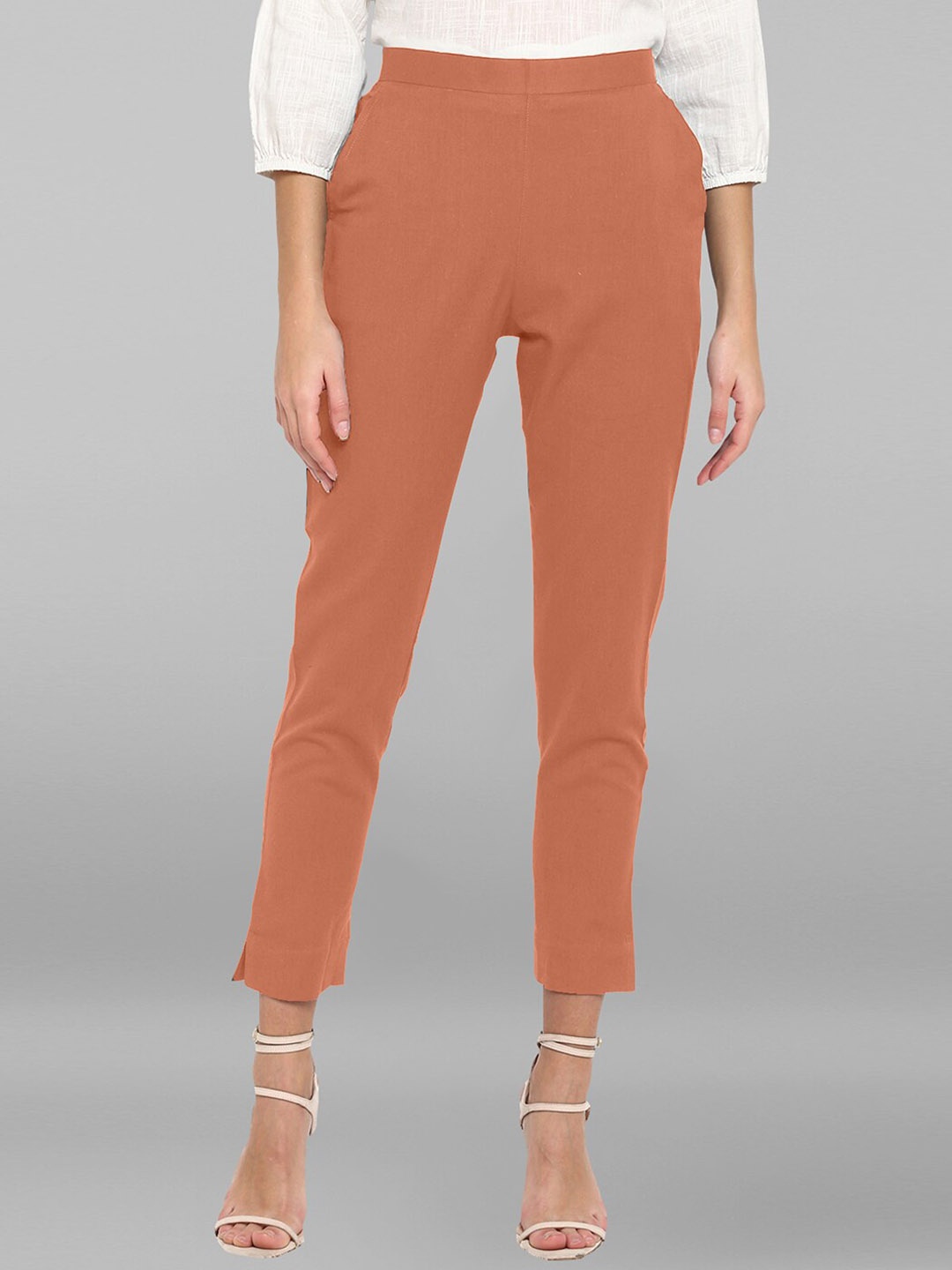 

Janasya Women Peach Cotton Regular Trousers
