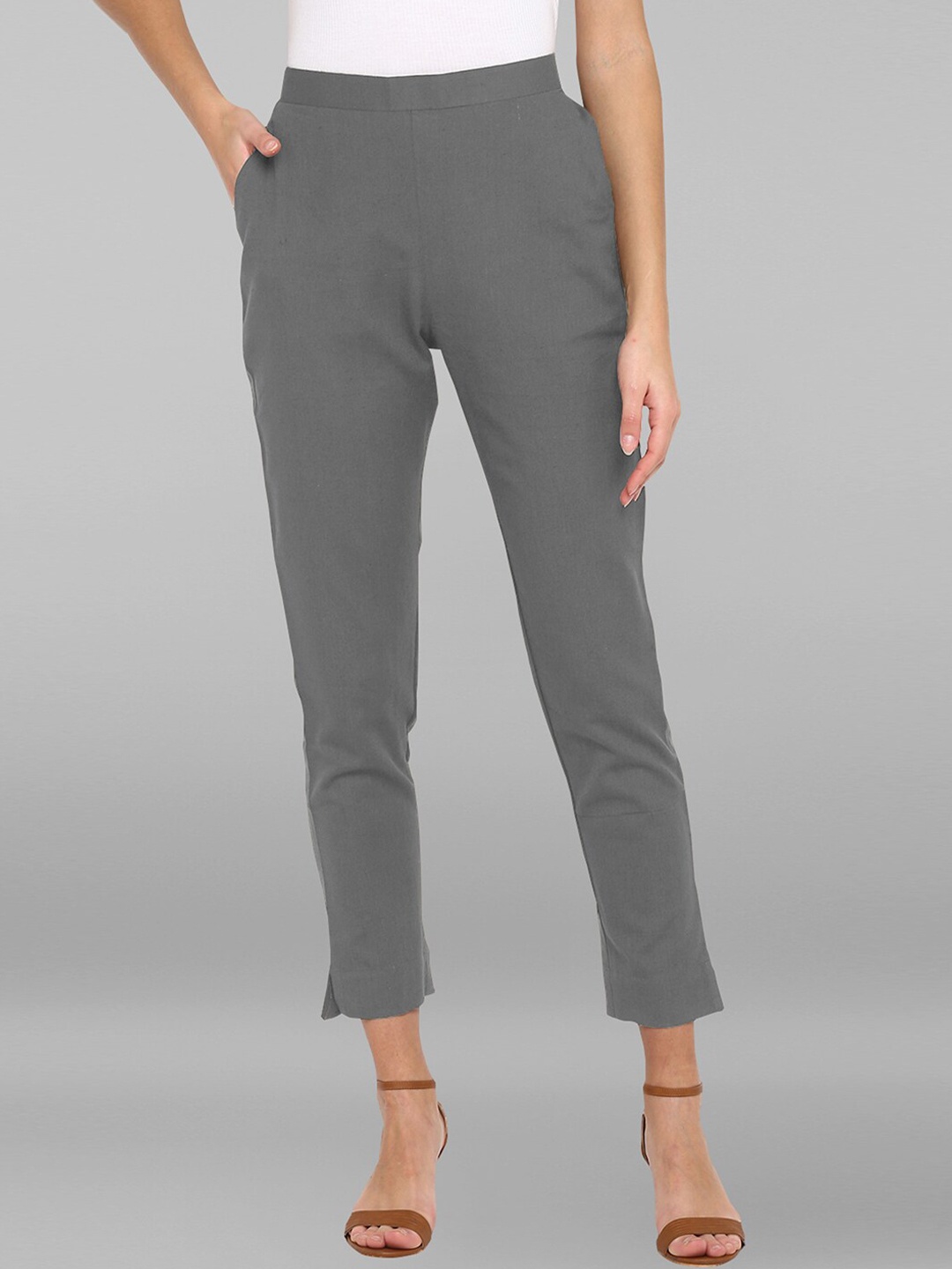 

Janasya Women Grey Mid Rise Cotton Trousers