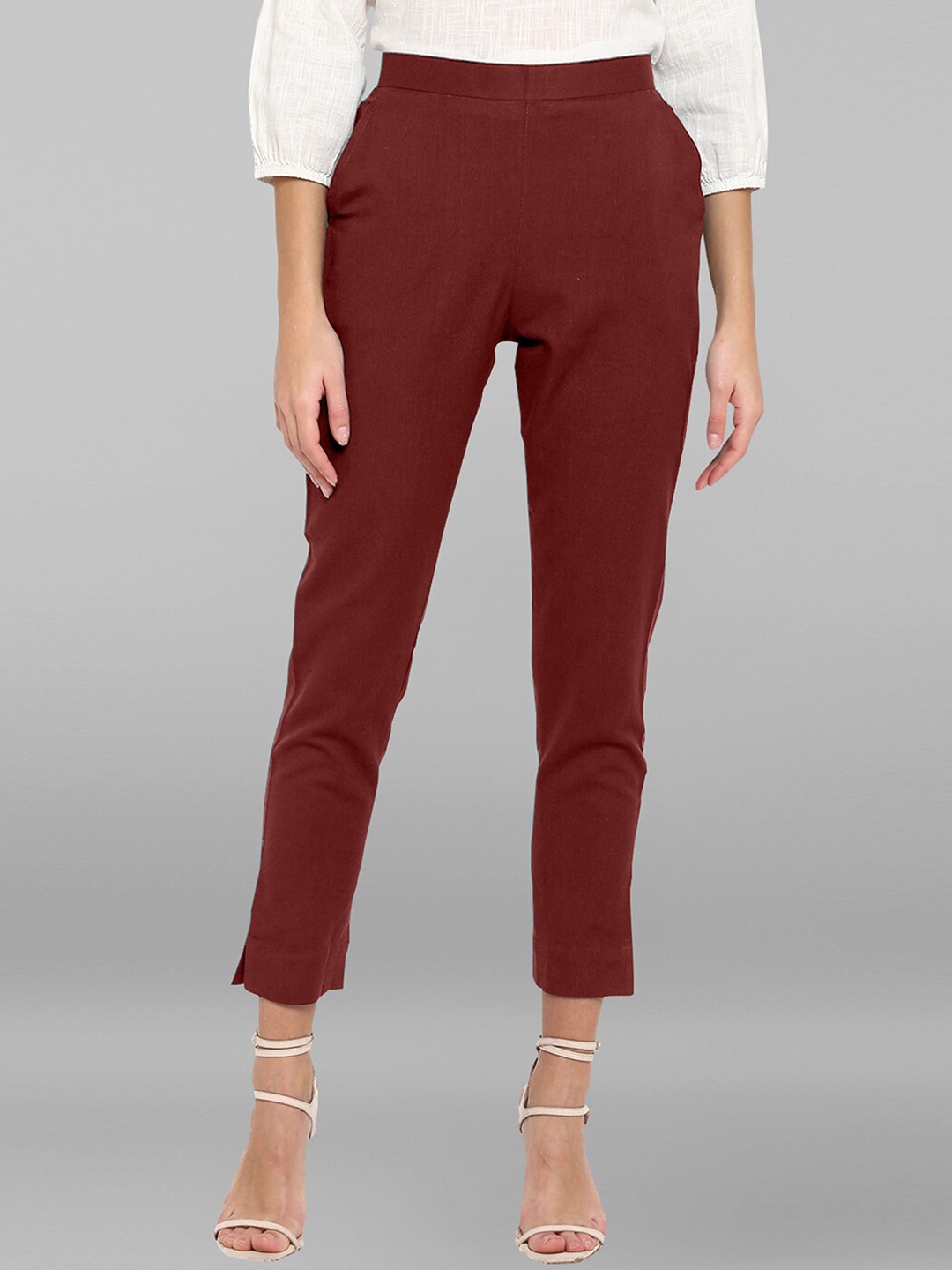

Janasya Women Maroon Formal High-Rise Cotton Trousers