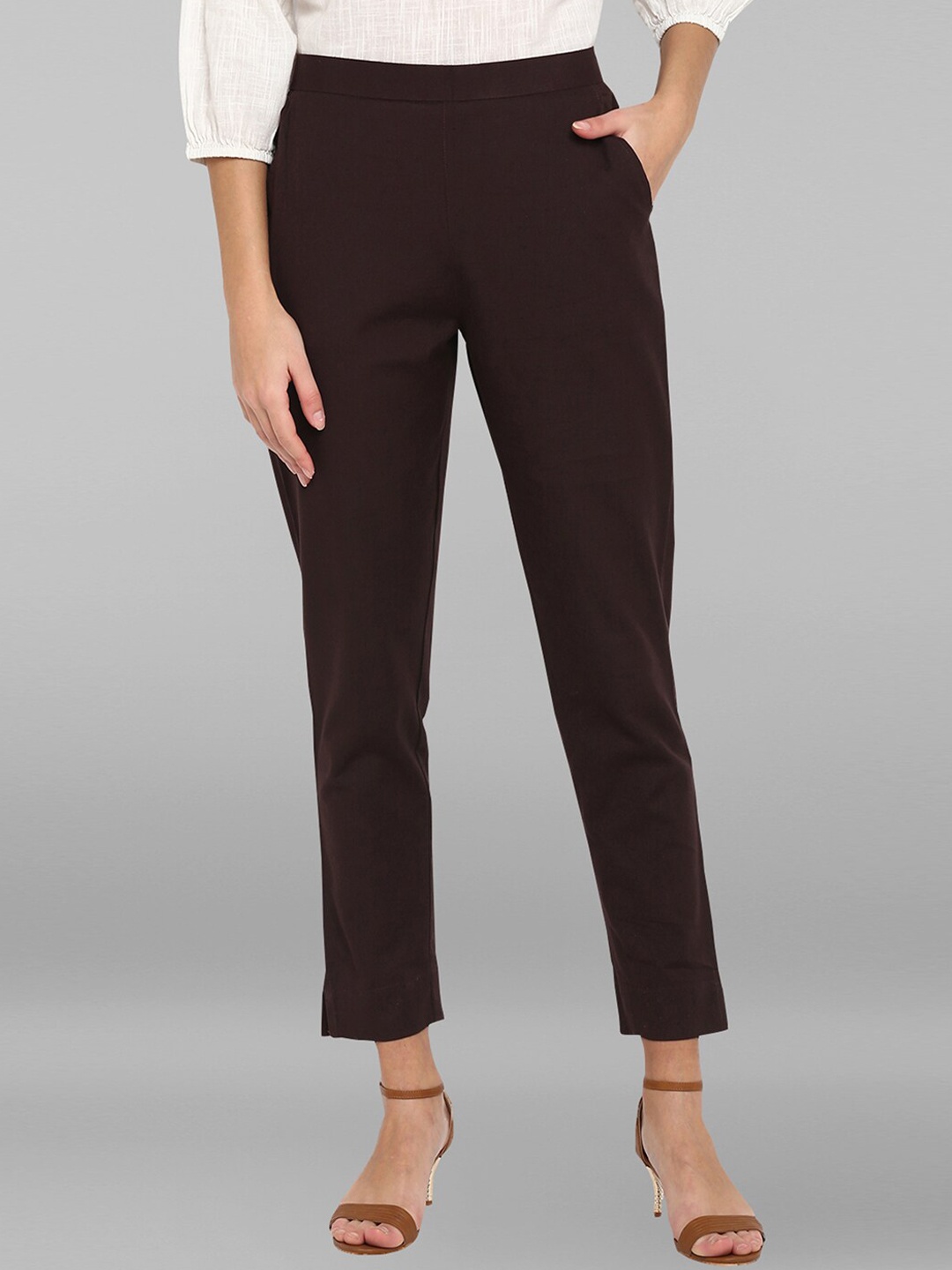 

Janasya Women Black Formal High-Rise Cotton Trousers, Brown