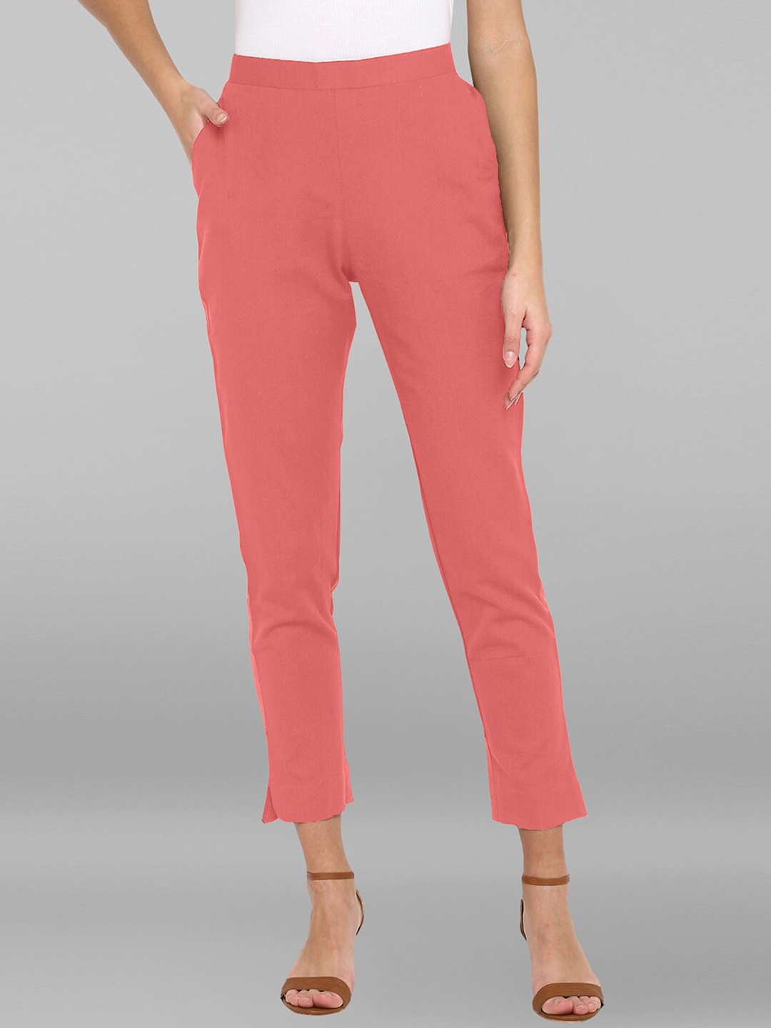 

Janasya Women Pink Mid-Rise Plain Cropped Cotton Cigarette Trousers