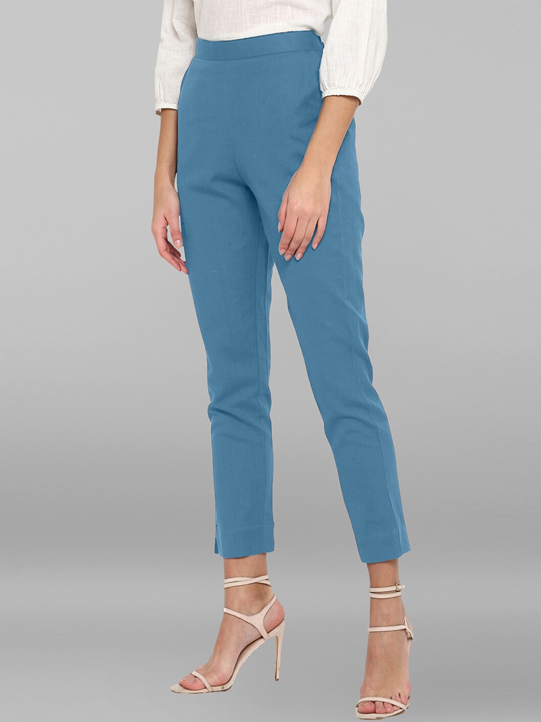 

Janasya Women Mid-Rise Cotton Casual Trousers, Blue