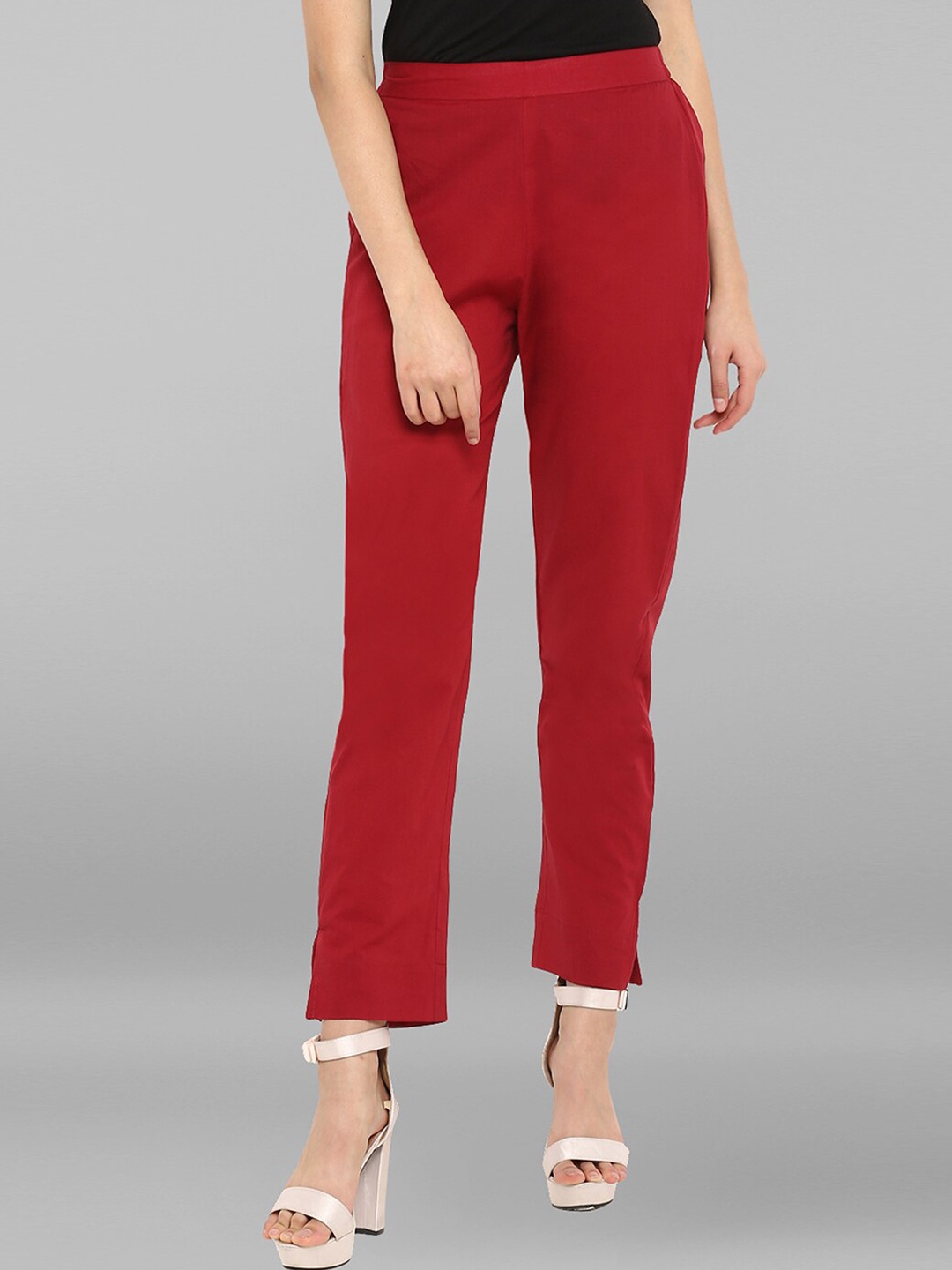 

Janasya Women Mid-Rise Cropped Cotton Trousers, Red