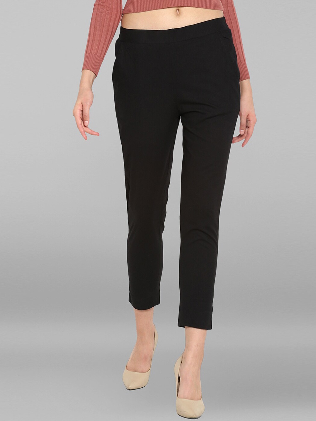 

Janasya Women Black Formal High-Rise Cotton Trousers