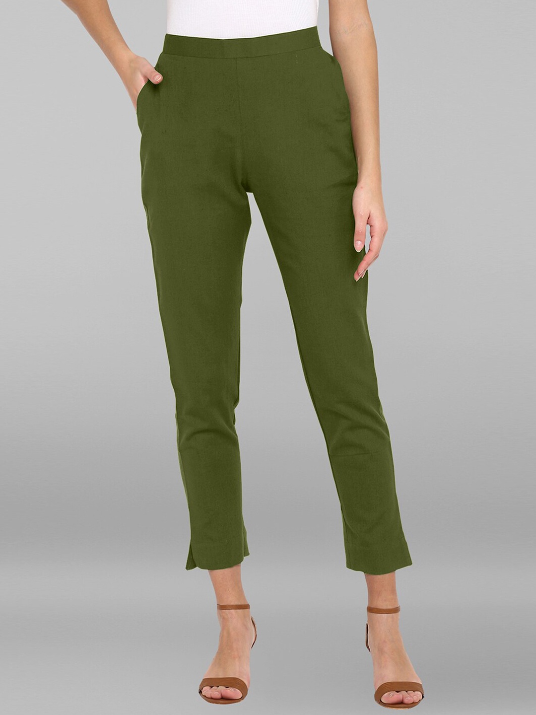 

Janasya Women Cotton Cropped Regular Trousers, Green