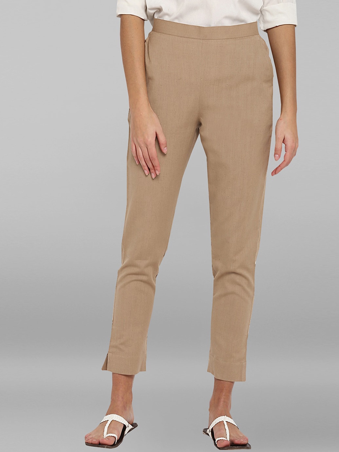 

Janasya Women Beige Formal High-Rise Cotton Trousers