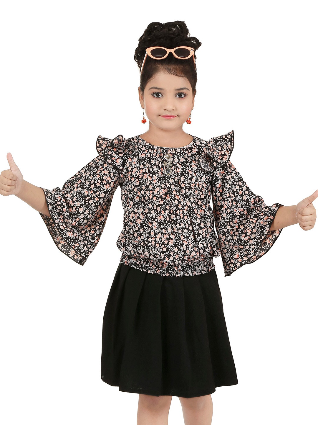 

CELEBRITY CLUB Girls Floral Printed Top with Skirt, Black