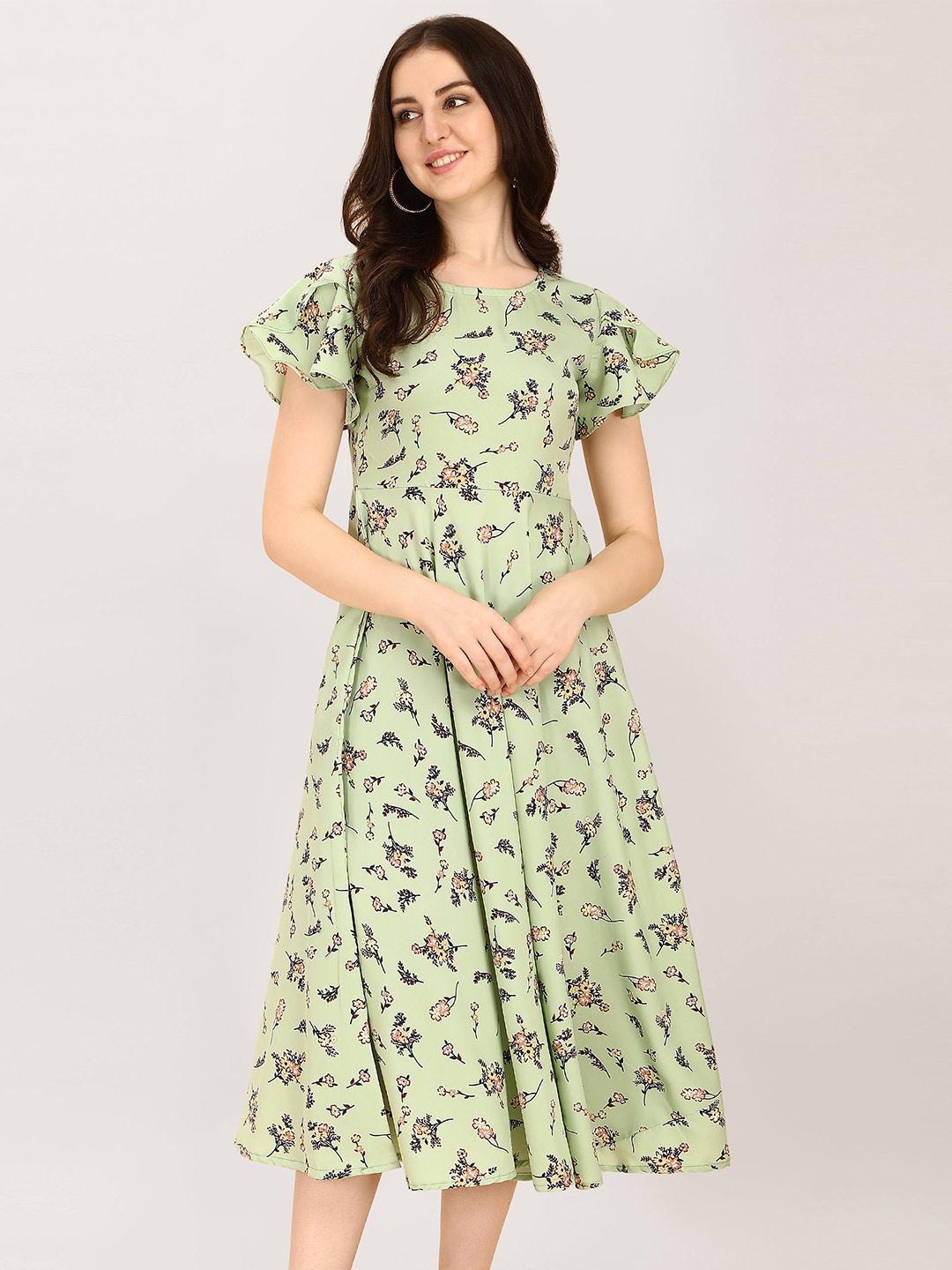 

Oomph! Green Floral Print Flutter Sleeve Crepe A-Line Dress