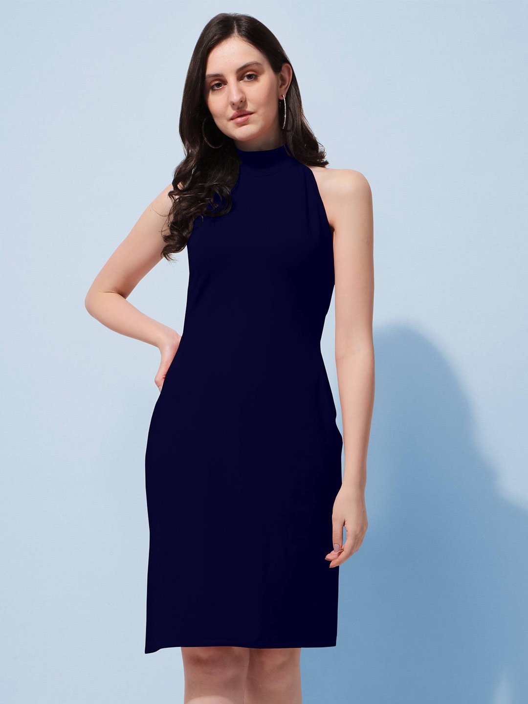 

Oomph! Choker Neck Knits Sheath Dress, Blue