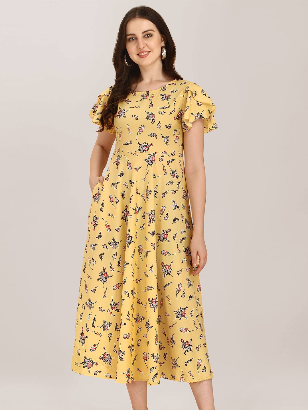 

Oomph! Floral Printed Flared Sleeves Fit & Flare Midi Dress, Yellow