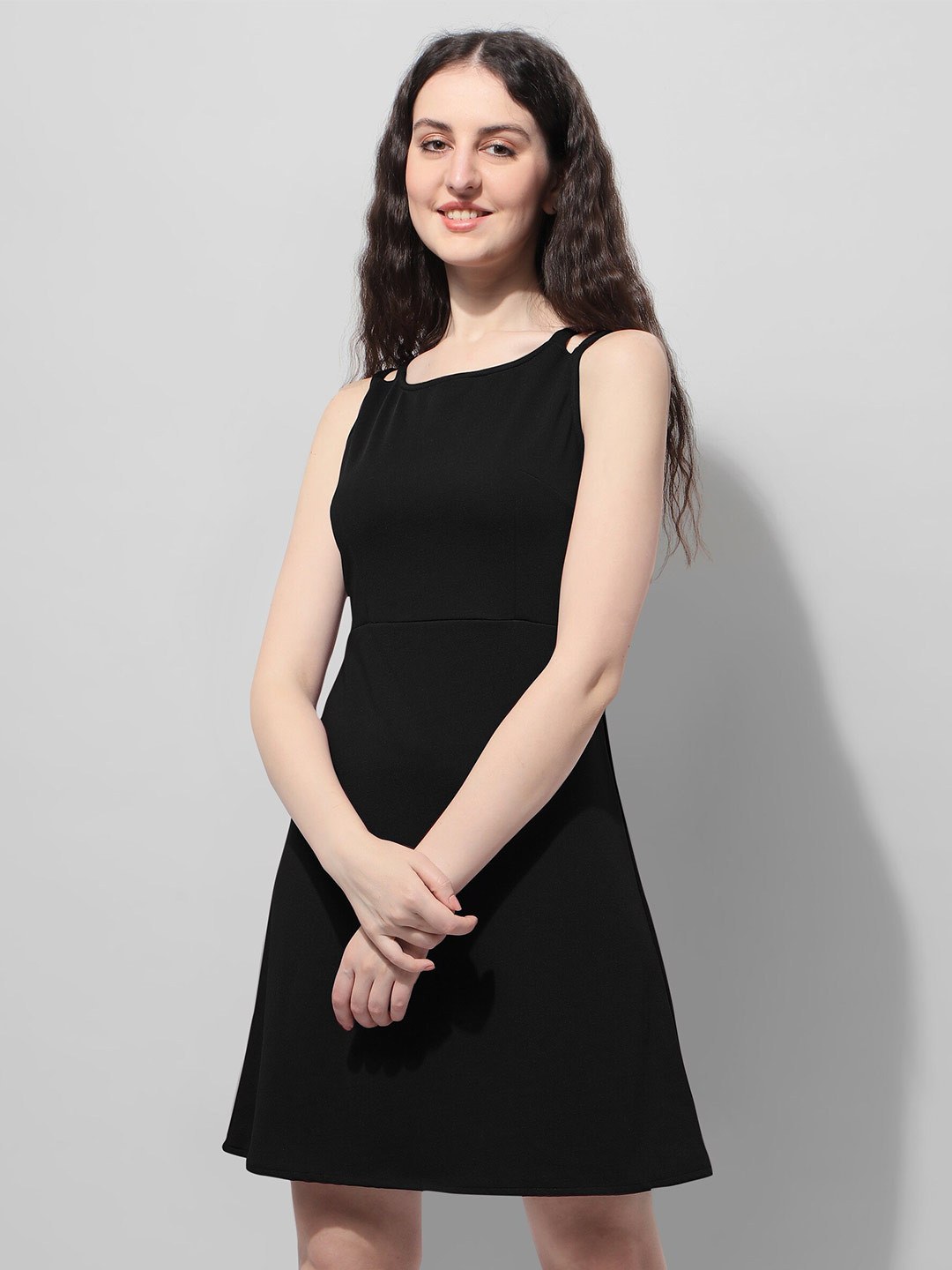 

Oomph! Shoulder Straps Sleeveless Mini Dress, Black