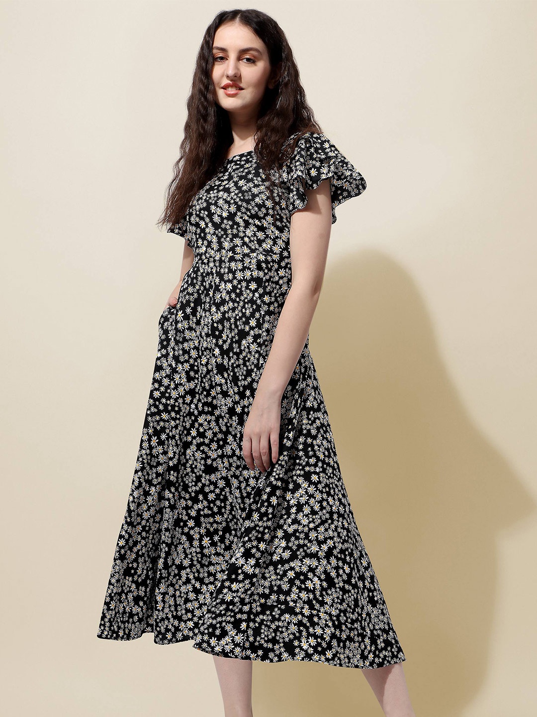 

Oomph! Floral Printed Flutter Sleeve Fit & Flare Maxi Dress, Black
