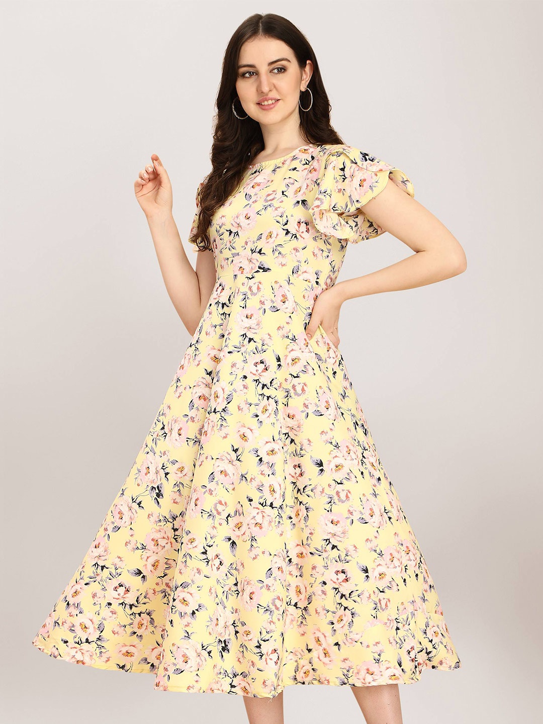 

Oomph Floral Printed Flared Sleeves Fit & Flare Midi Dress, Yellow