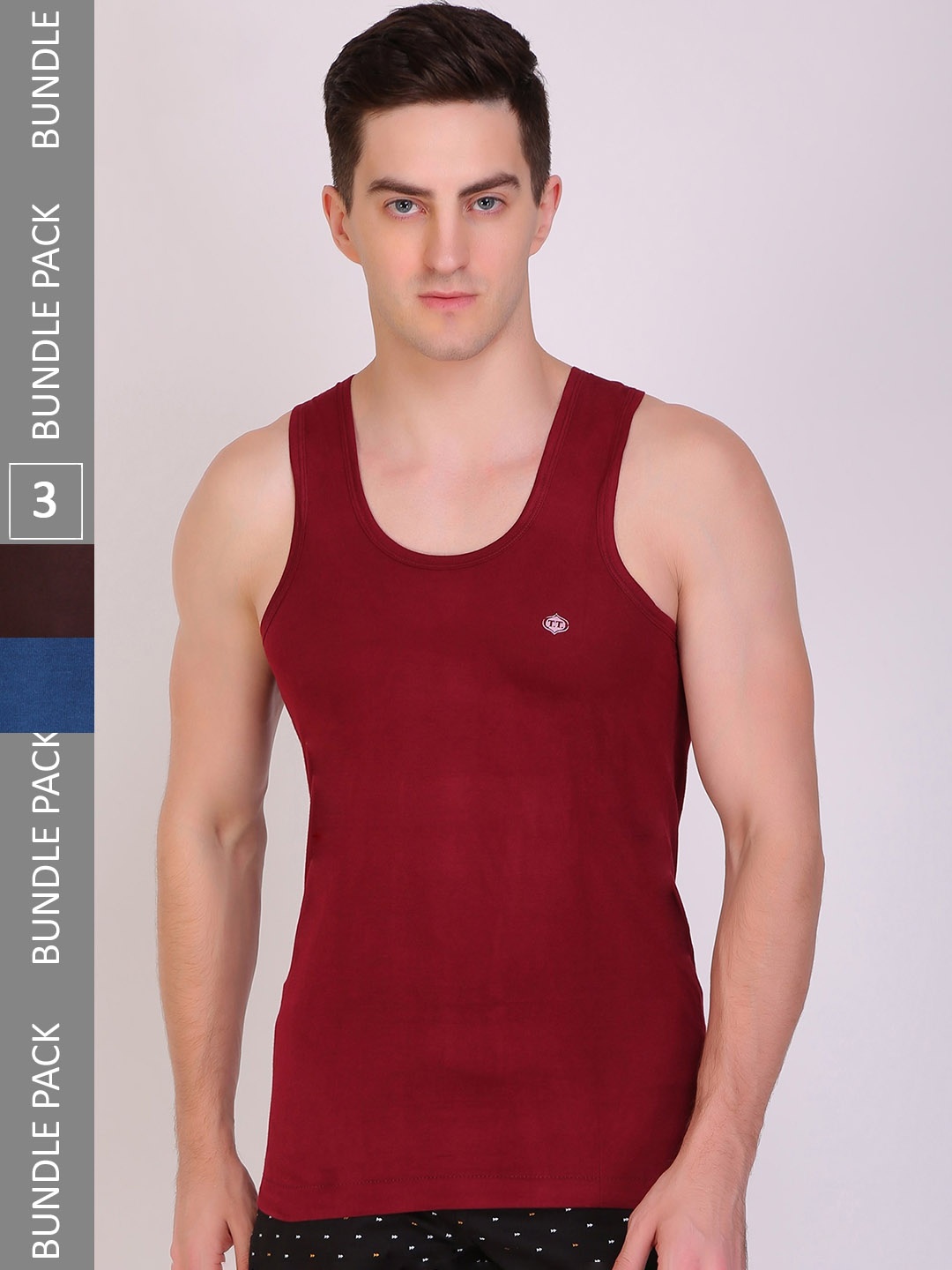 

T.T. Men Titanic Dyed Pure Cotton Assorted Pack Of 3 Basic Innerwear Vests, Red