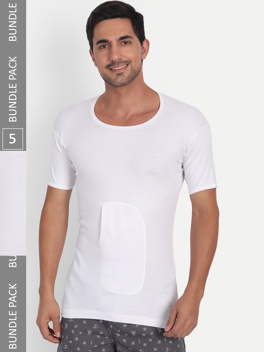 

T.T. Men Pack Of 5 Basic Cotton Desire Interlock Half Sleeves Vests, White