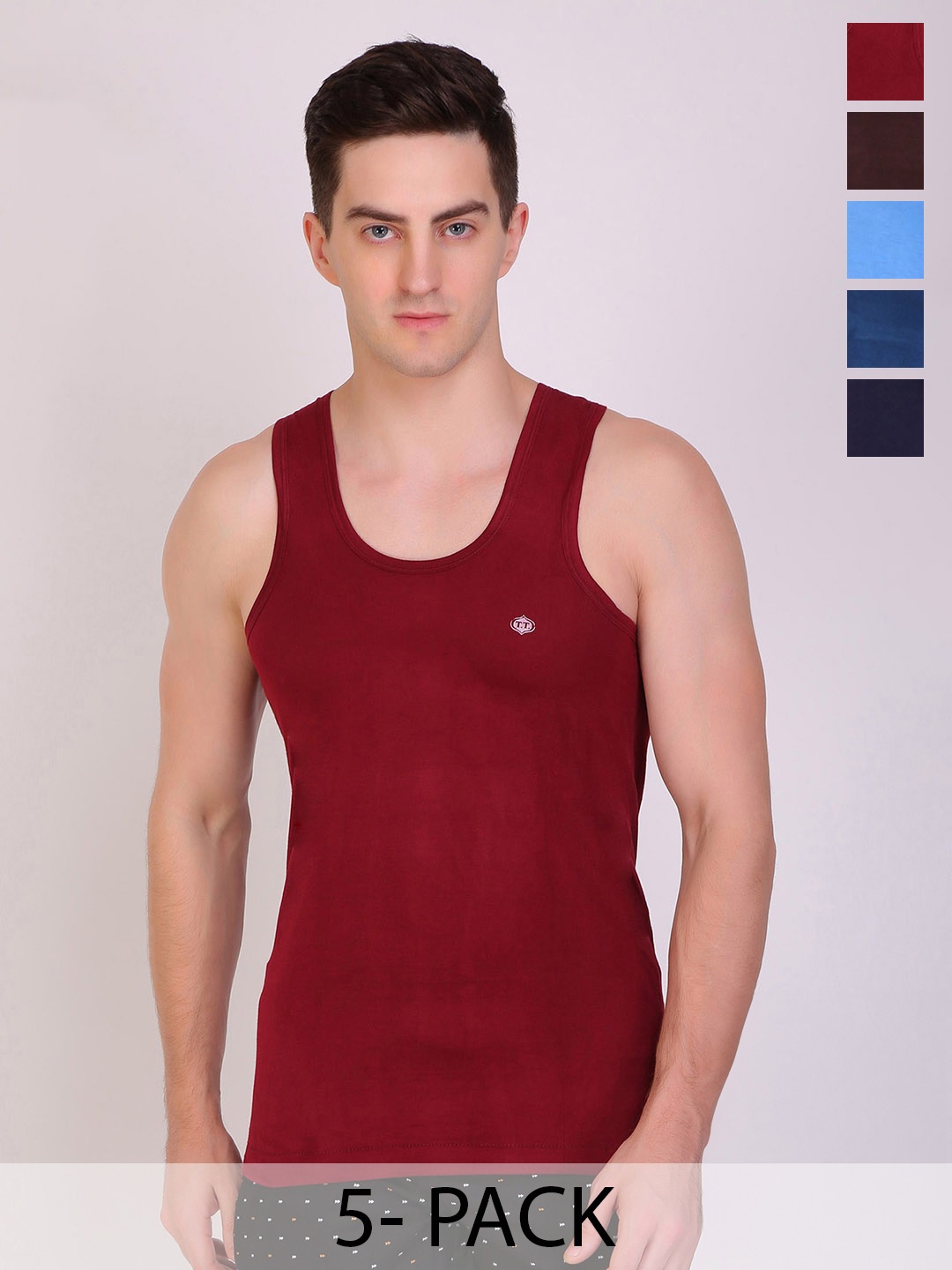 

T.T. Men Titanic Dyed Pure Cotton Pack Of 5 Assorted Innerwear Vests