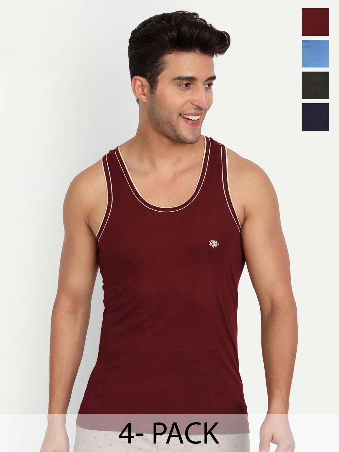 

T.T. Men Pack Of 4 Titanic Pure Cotton Piping Regular Solid Dyed Innerwear Vests, Maroon