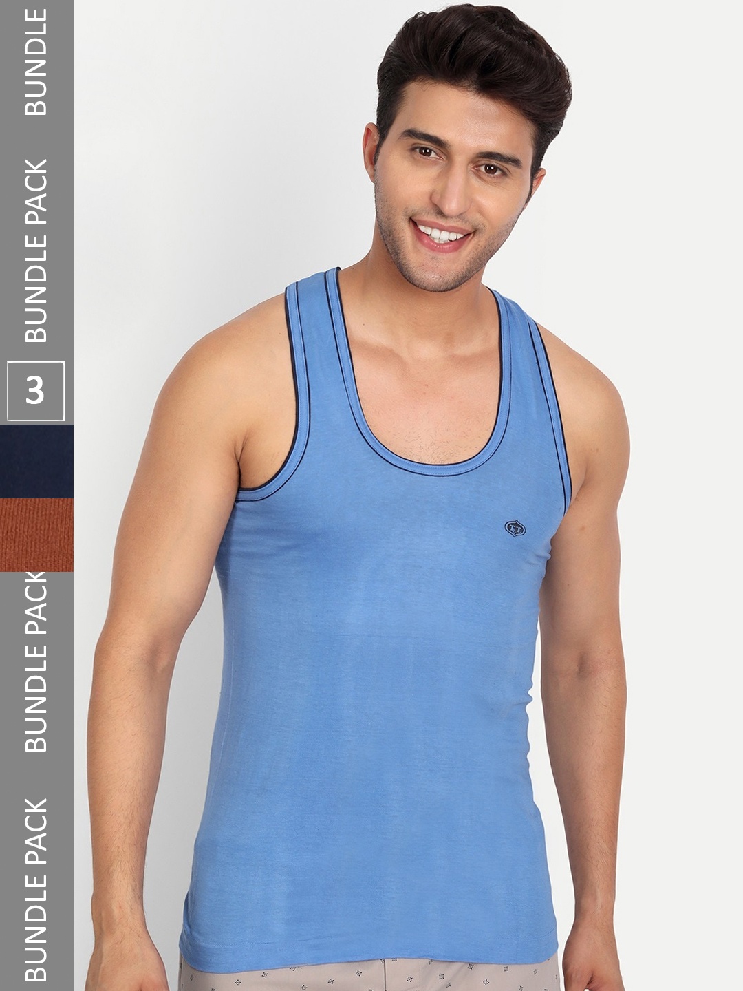 

T.T. Men Pack Of 3 Titanic Pure Cotton Piping Regular Solid Dyed Innerwear Vests, Navy blue
