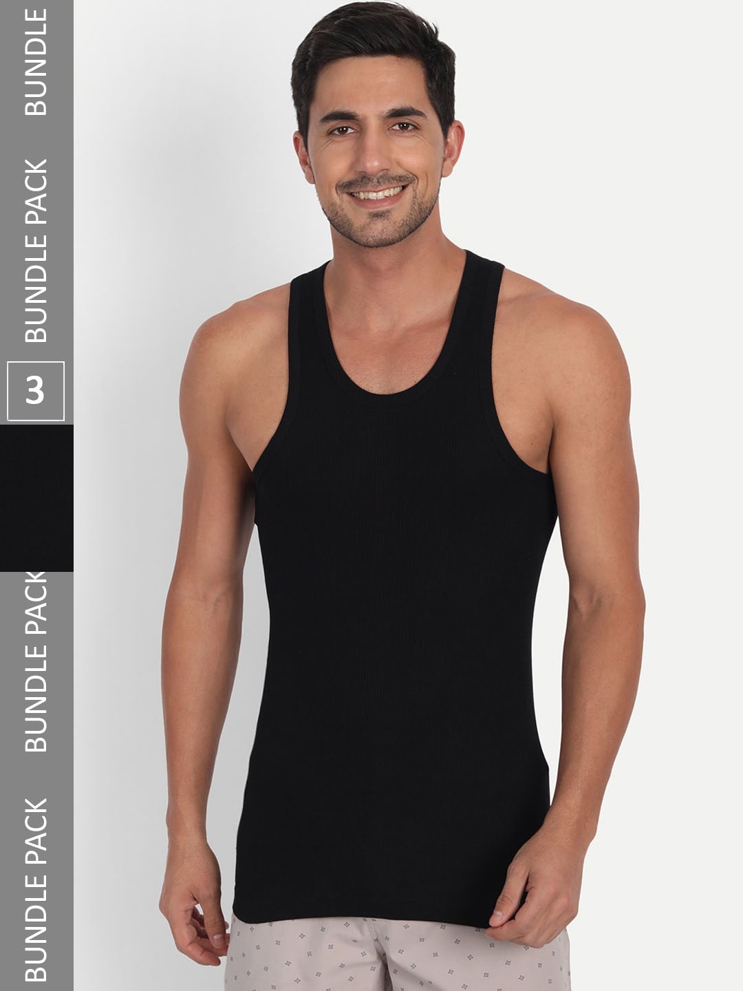 

T.T. Pack Of 3 Derby Ribbed Cotton Basic Innerwear Vests, Black