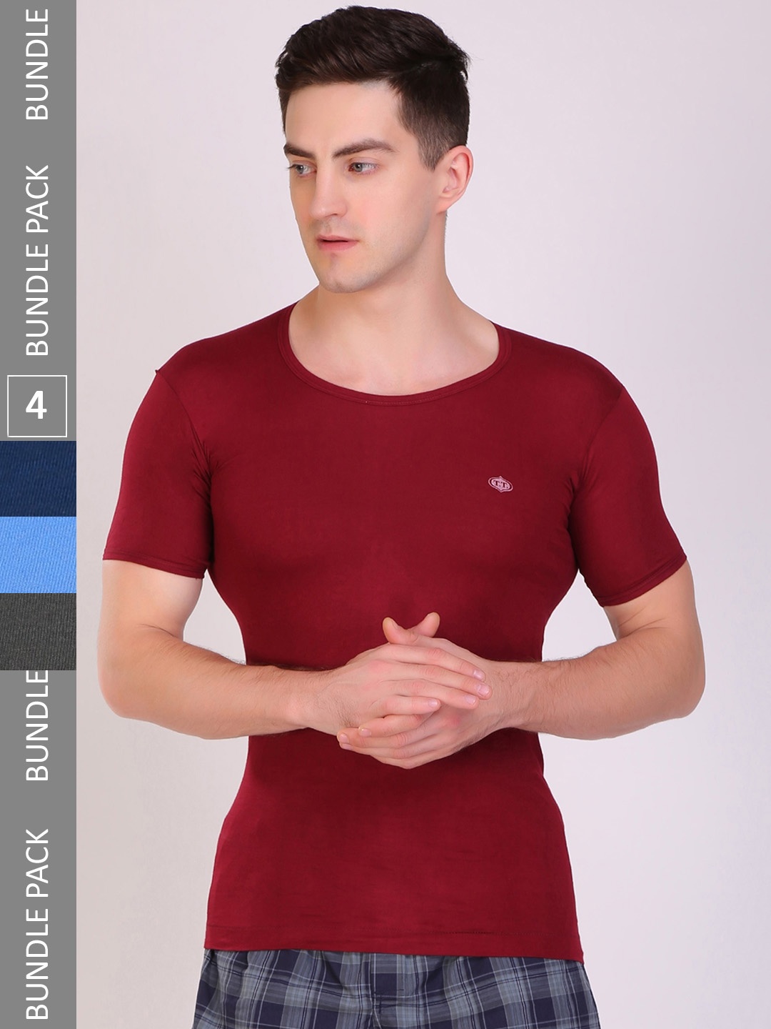 

T.T. Titanic Dyed Pure Cotton Assorted Pack Of 4 Undershirt Vests, Maroon