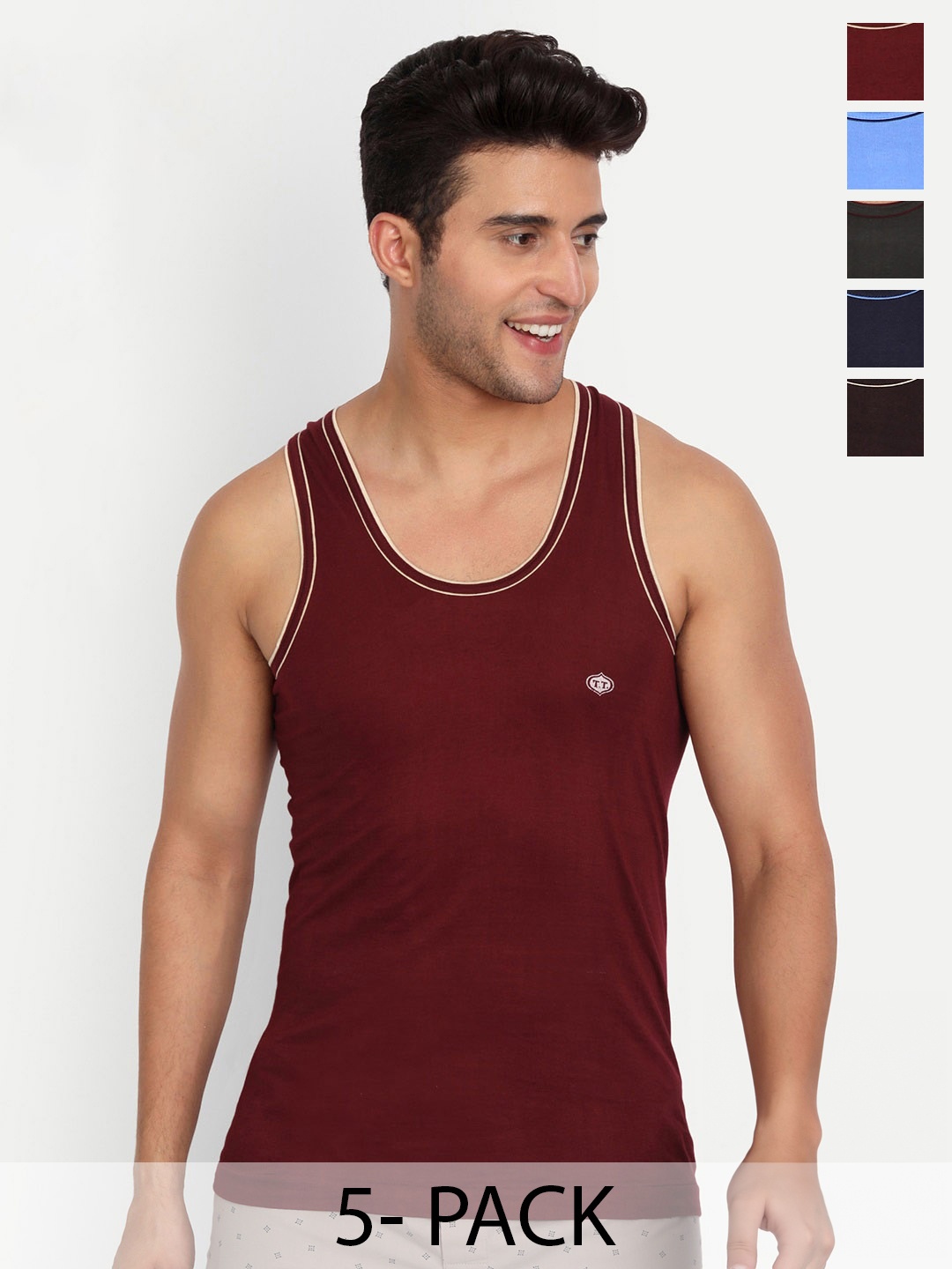 

T.T. Titanic Piping Dyed Pure Cotton Pack Of 5 Undershirt Vests, Maroon