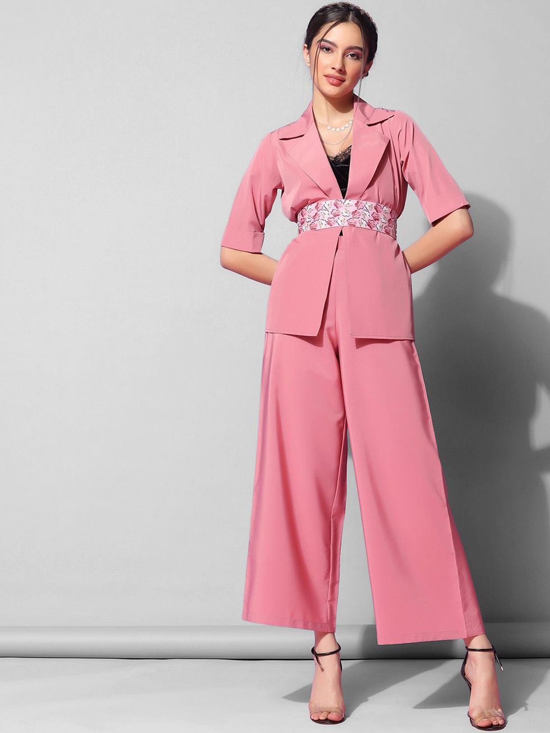 

Selvia Notched Lapel Top & Palazzos With Belt, Pink