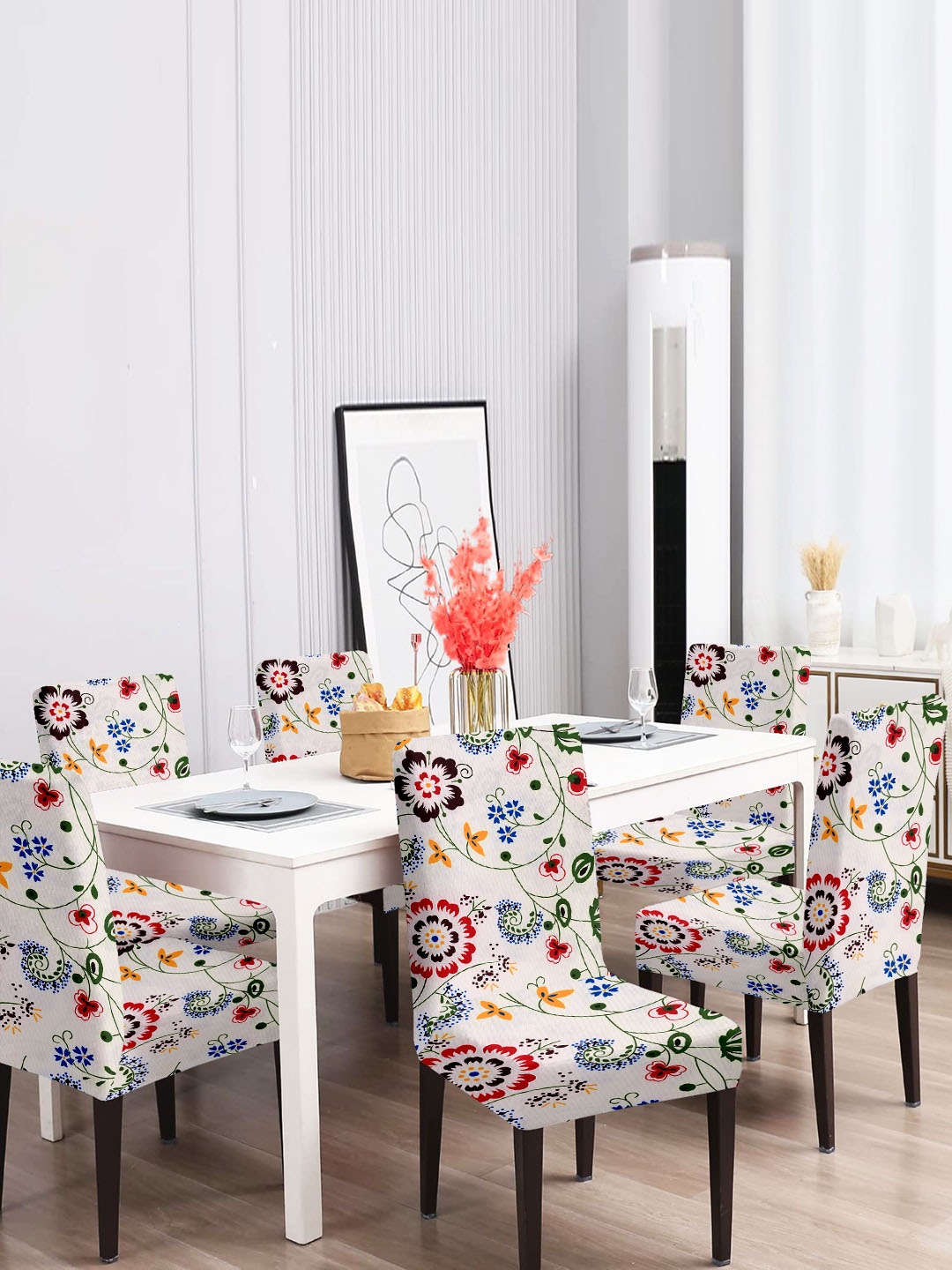Cortina White 6 Pieces Floral Printed Dining Chair Covers