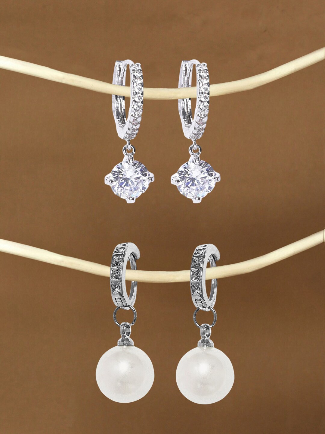 

OOMPH Set Of 2 Contemporary Cubic Zirconia Studded Drop Earrings, Silver