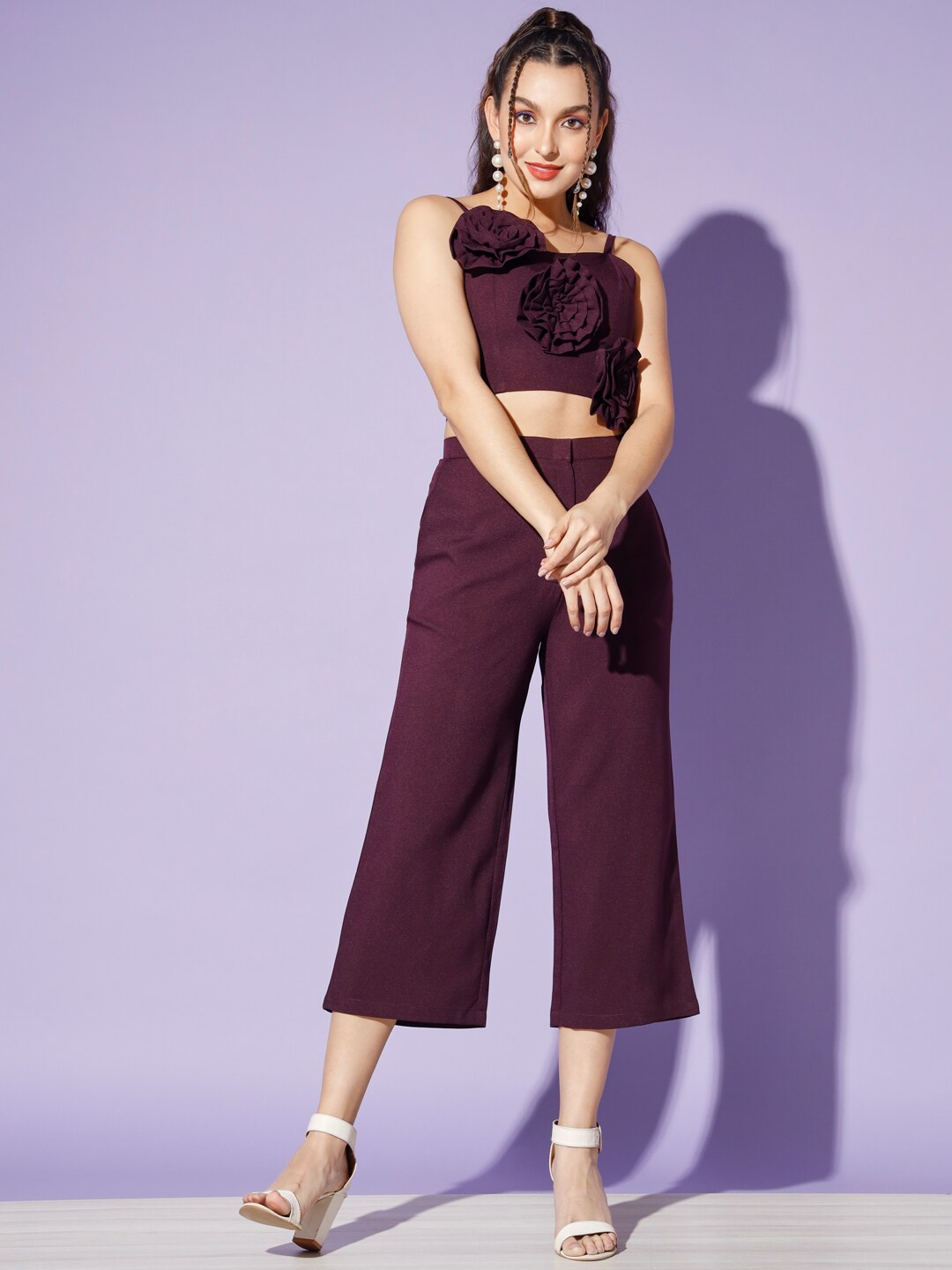 

WoowZerz Shoulder Straps Crop Top with Culotte Co-Ords, Burgundy