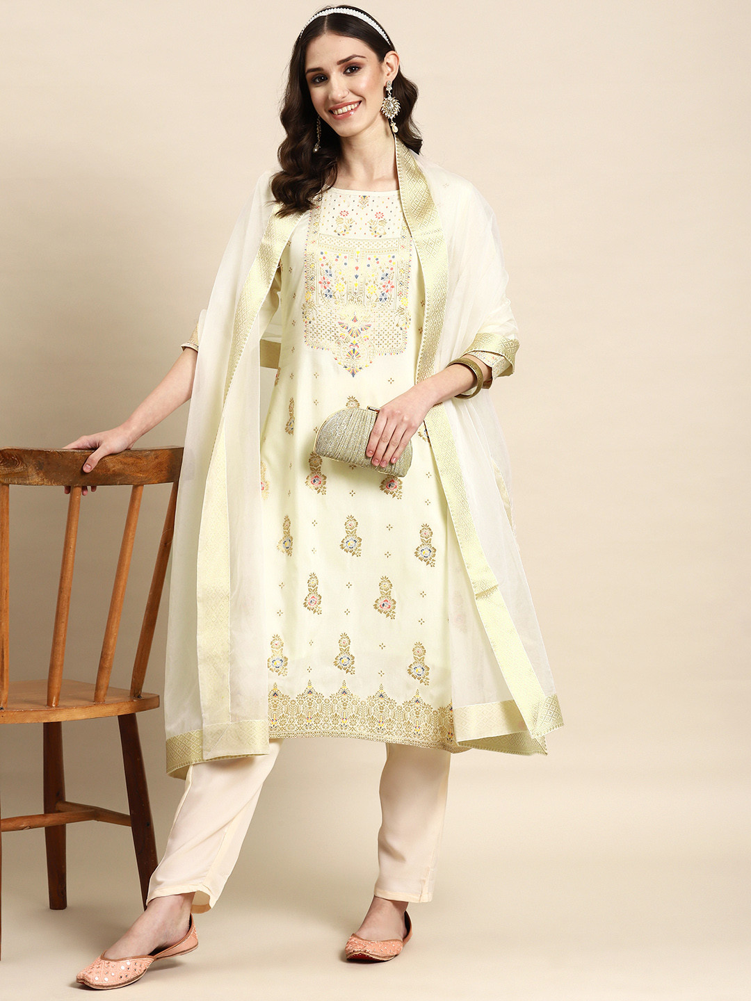 

Sangria Women Ethnic Motifs Embroidered Jacquard Kurta with Trousers & Dupatta, Off white