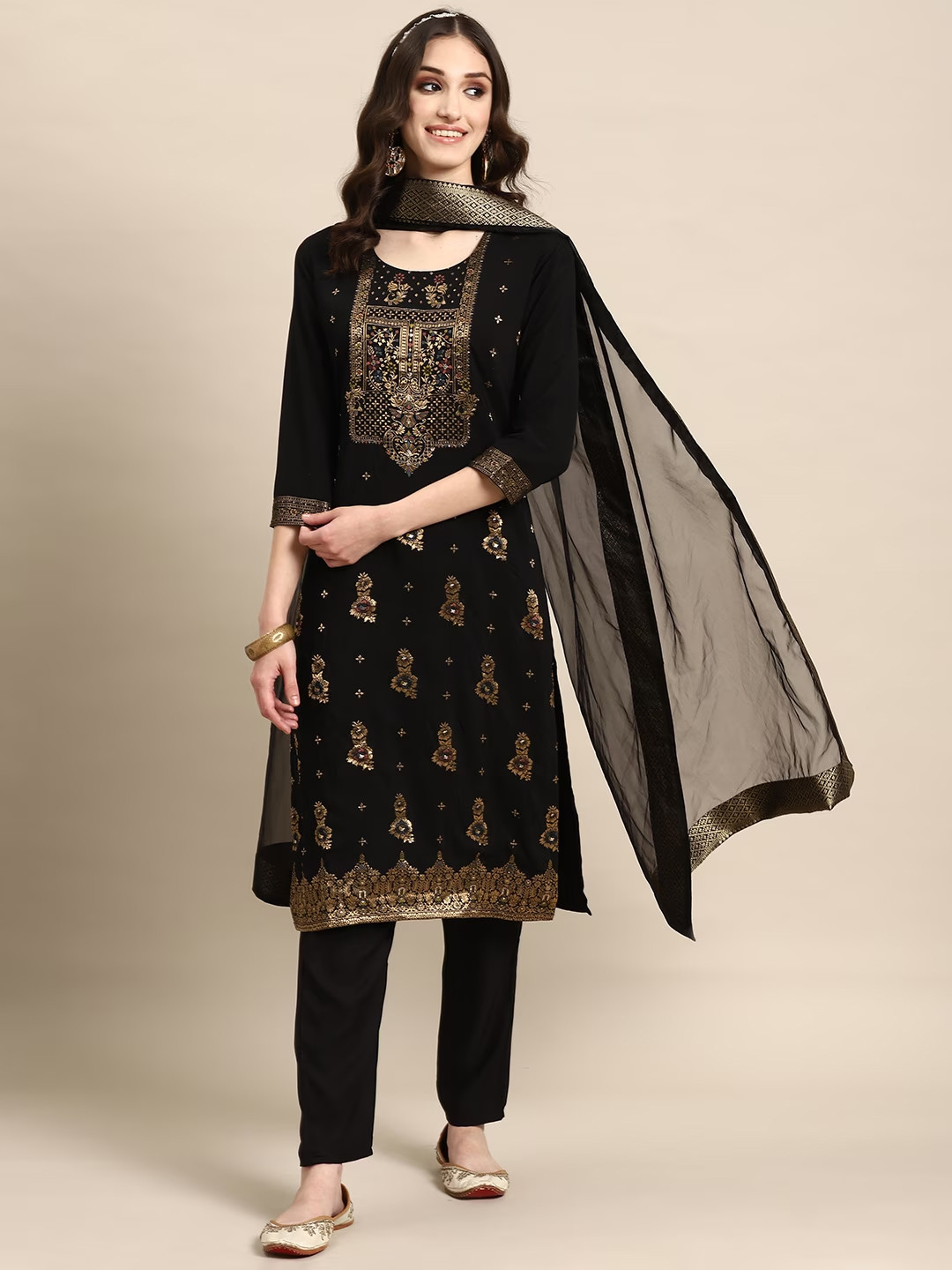 

Sangria Women Black Floral Yoke Design Regular Kurta with Trousers & With Dupatta