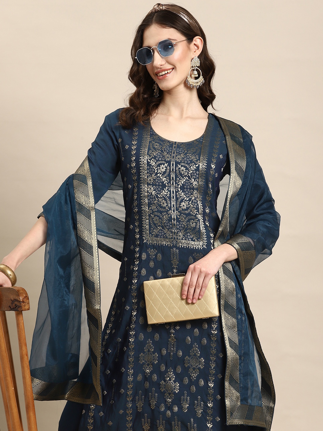 

Sangria Women Teal Floral Yoke Design Regular Kurta with Trousers & With Dupatta