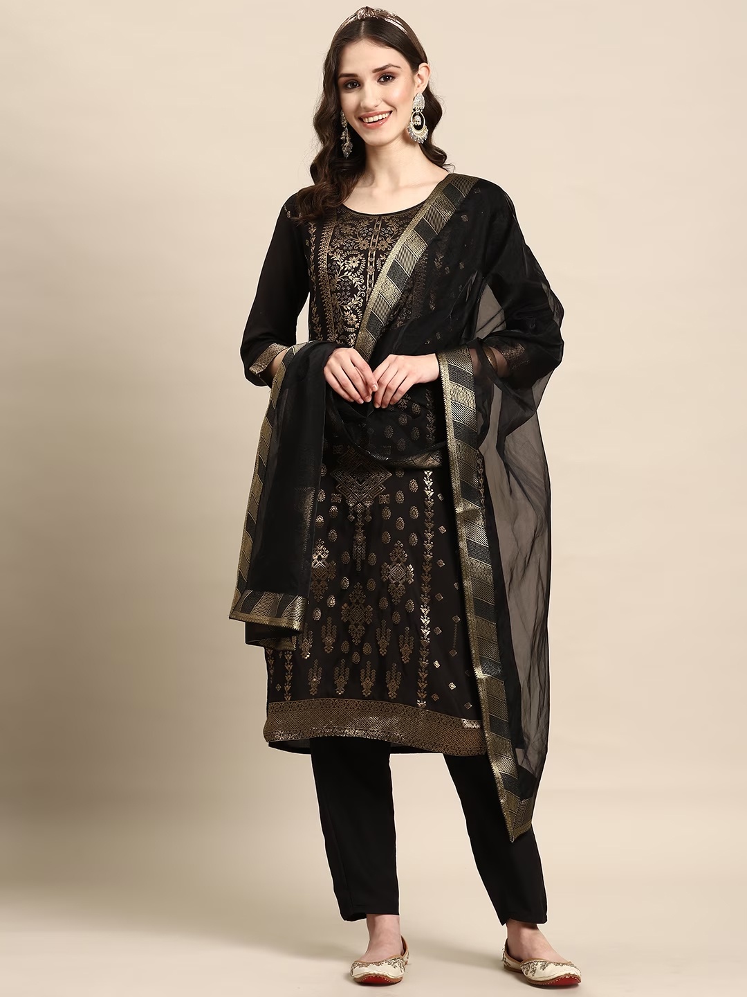 

Sangria Women Black Floral Yoke Design Regular Kurta with Trousers & With Dupatta