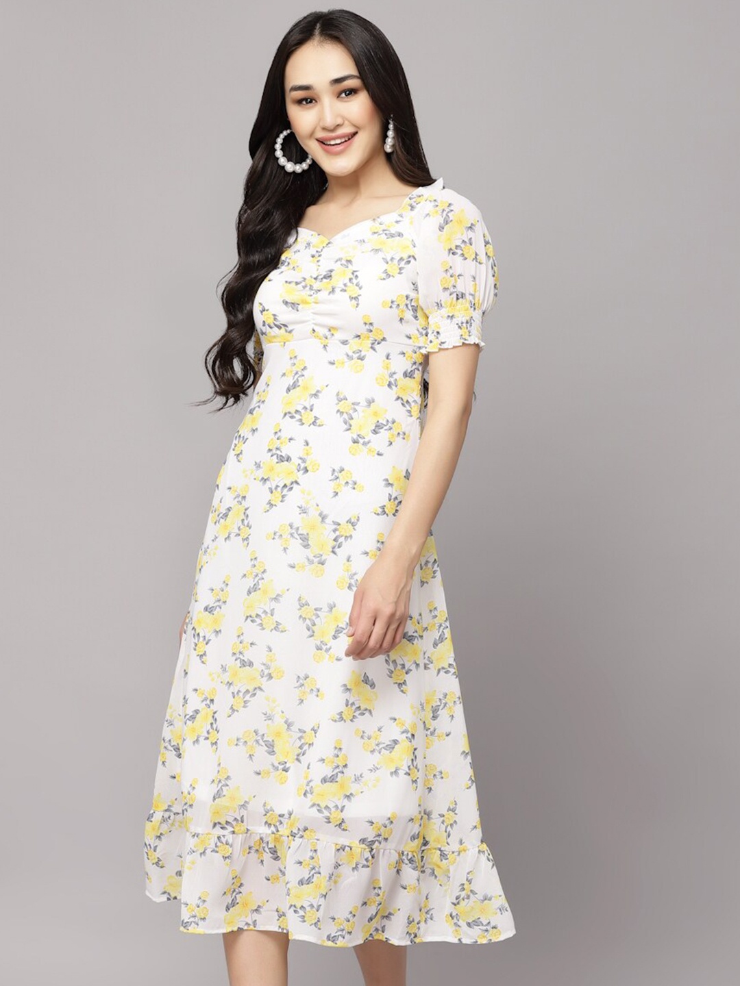 

aayu Floral Printed Puff Sleeve Smocked A-Line Midi Dress, Yellow