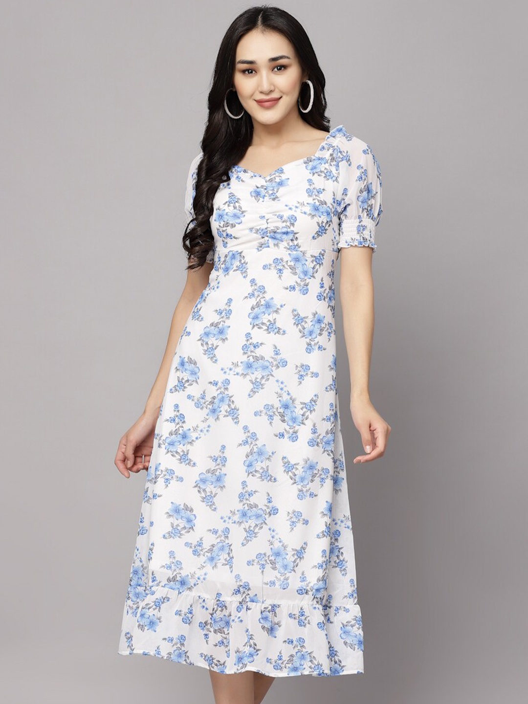

aayu Floral Printed Puff Sleeve Smocked A-Line Midi Dress, Blue