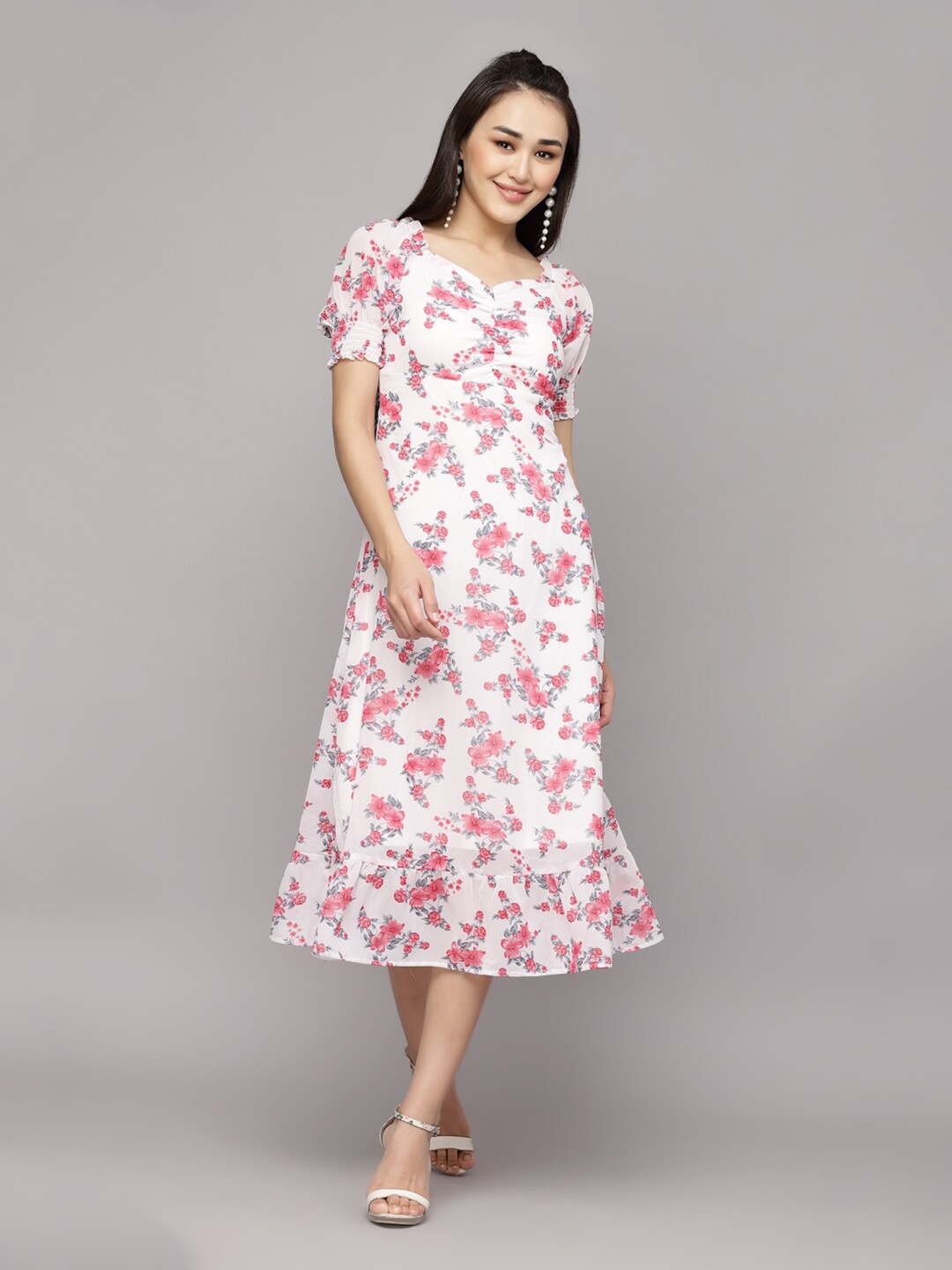 

aayu Puff Sleeves Smocked Floral Printed Georgette A-Line Midi Dress, White