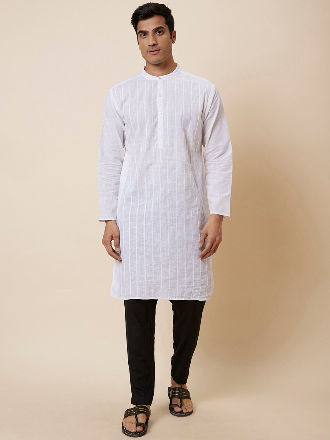 

Globus Band Collar Striped Straight Kurta, White