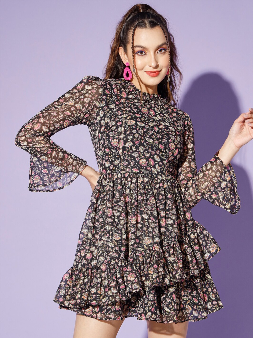 

WoowZerz Floral Printed Bell Sleeve Layered Chiffon Fit & Flare Dress, Black